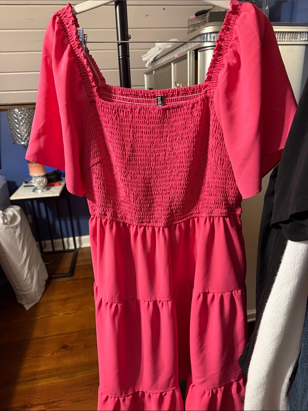Smocked Tiered Midi Dress in Hot Pink